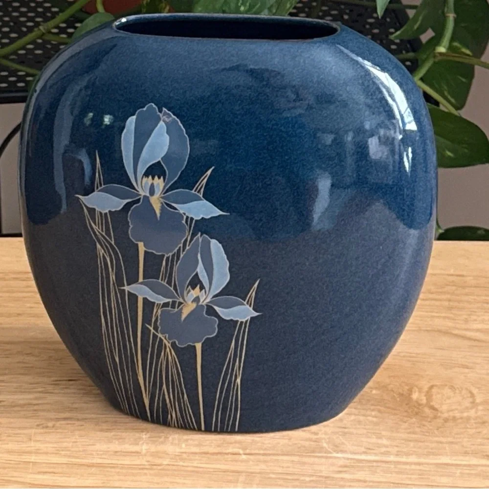 Vintage Otagiri 7” Cobalt Blue Iris Vase Japan Floral Design Ceramic 1970s 1980s